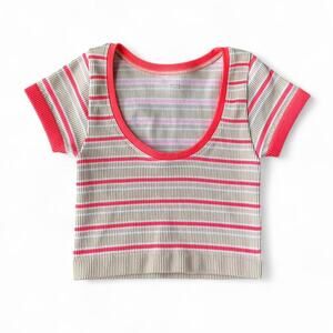 Aerie Offline Pink, Tan & White Striped Seamless Crop Top – Size XS